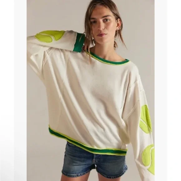 Free People Cream Sweater with Lime Green Tennis Ball Patch Details - Picture 1 of 9
